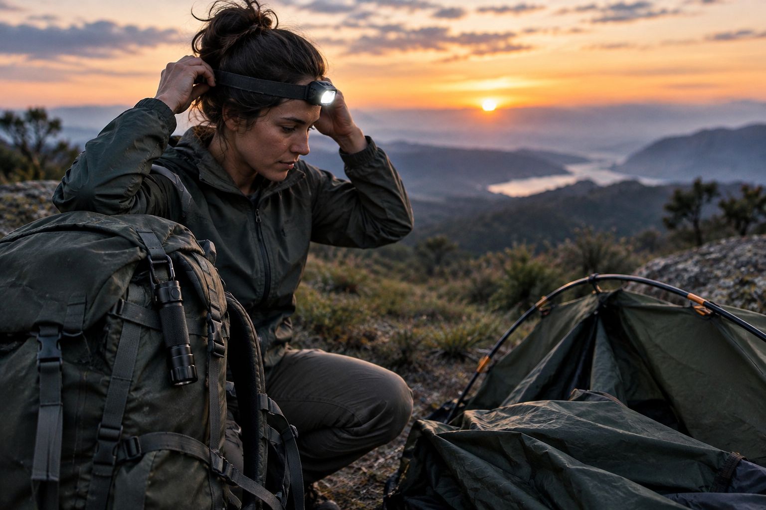 Hiker wearing a headlamp while packing camp gear at dusk