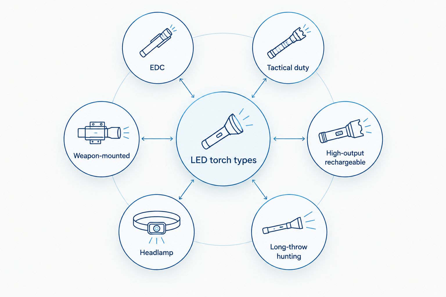 Diagram showing six LED torch categories branching from a central hub