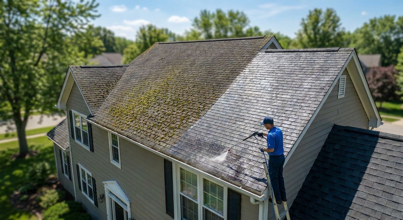 Soft wash roof cleaning for asphalt shingle roofs
