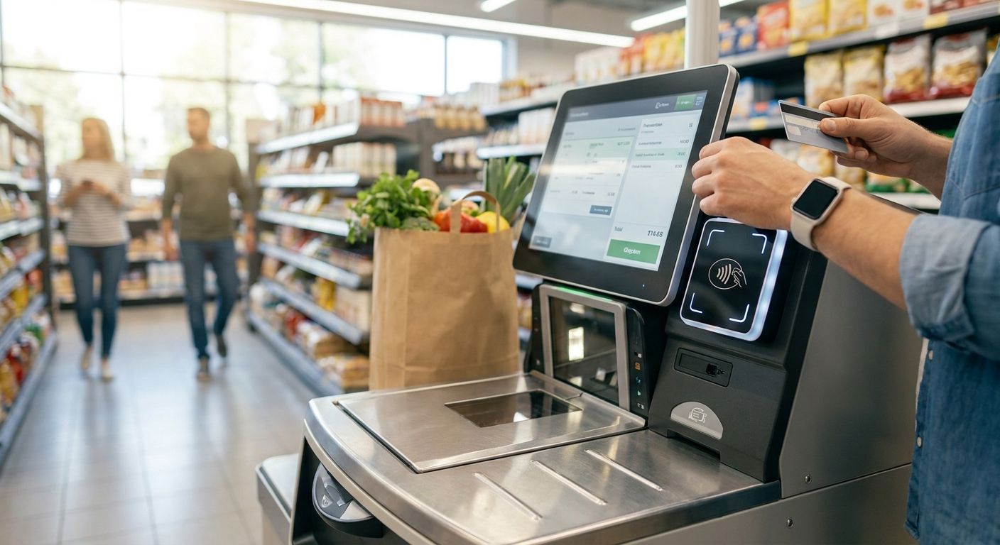 Contactless payment setup for grocery self-checkout kiosks