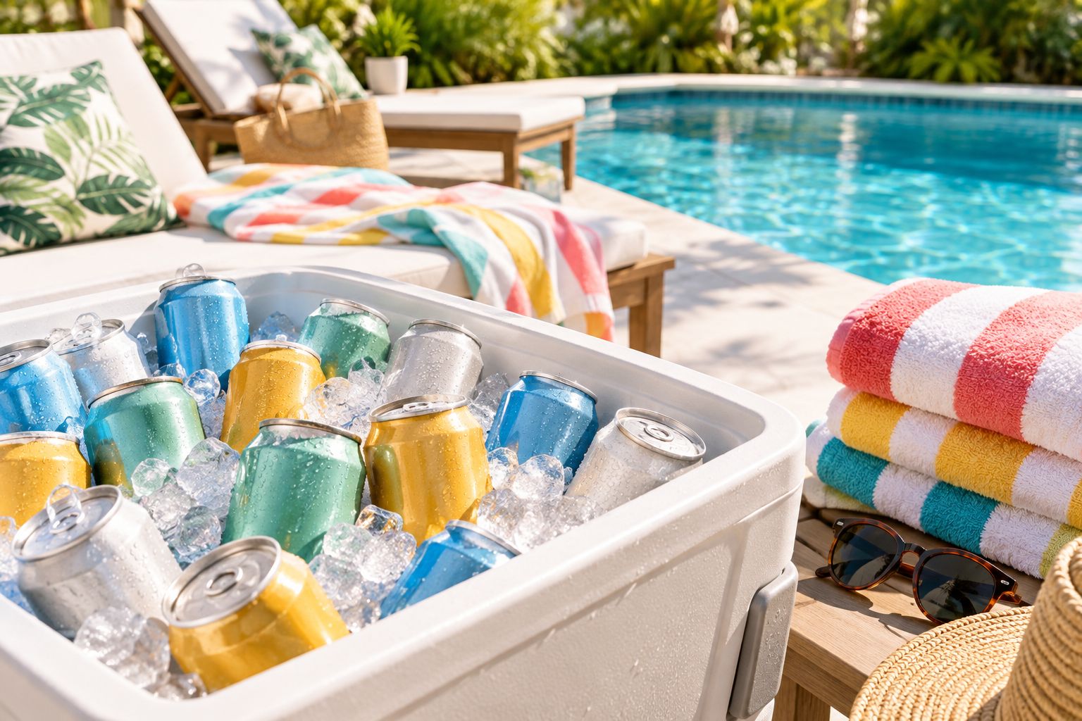 Poolside cooler stocked with canned beer for a bachelorette weekend