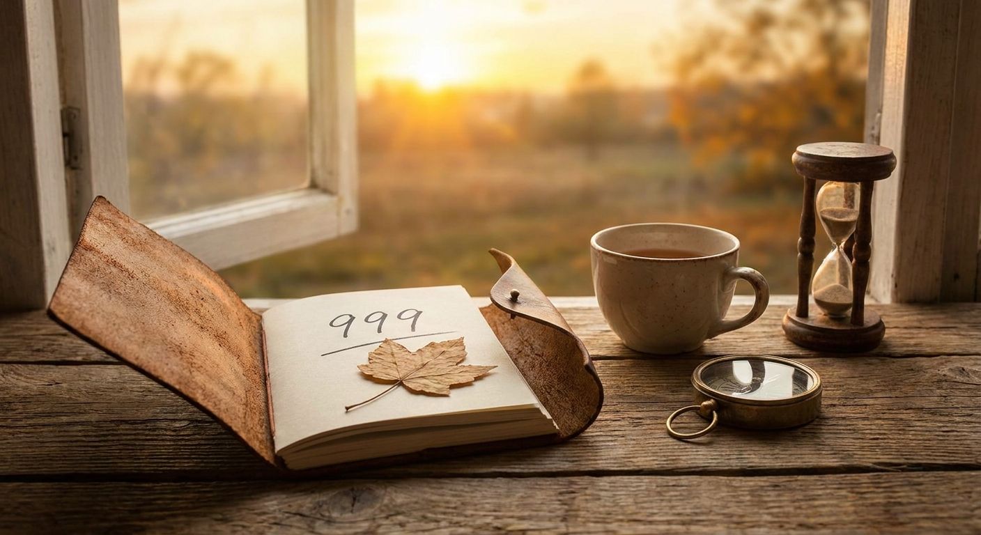 An open notebook marked 999 beside a dry leaf, teacup, and hourglass