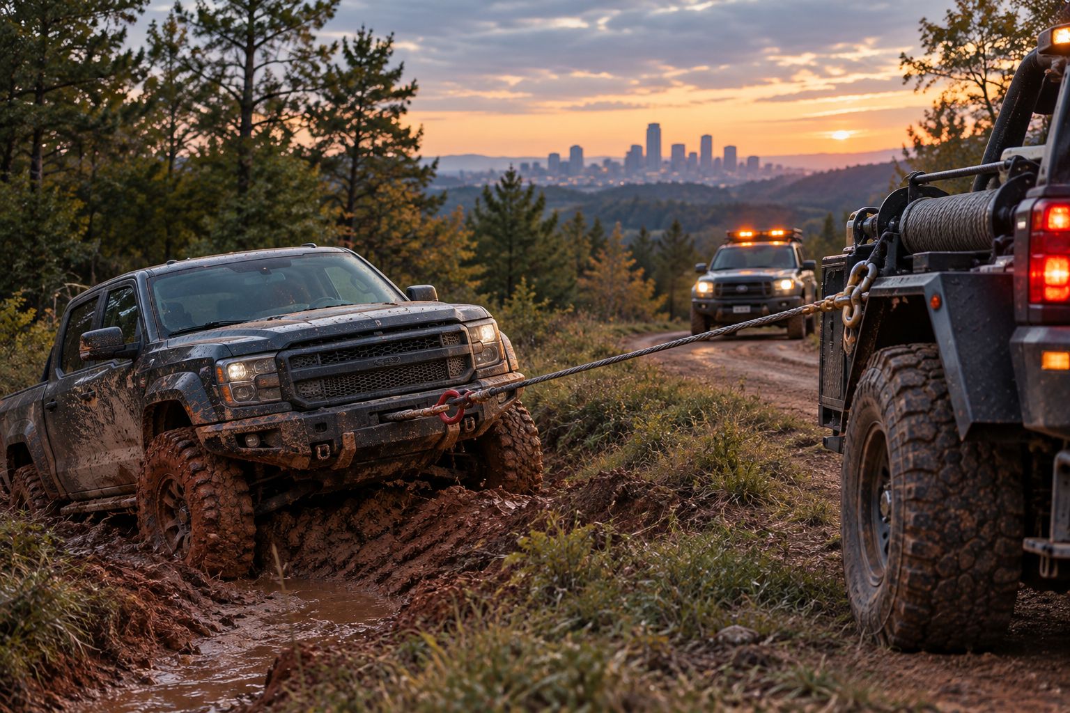 Winch cable pulling a stuck truck out of a roadside ditch