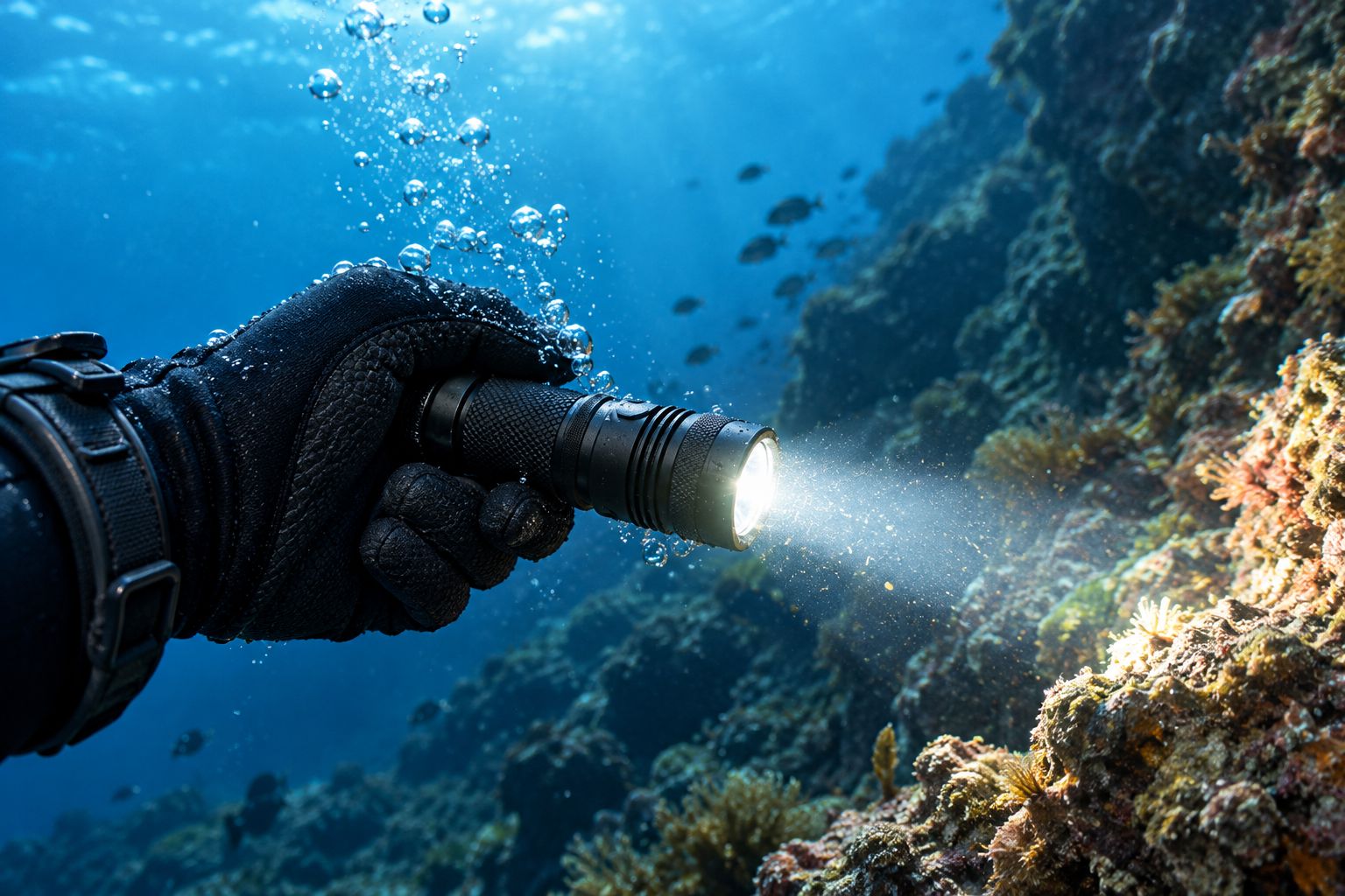 Rechargeable dive flashlight in use underwater near a reef