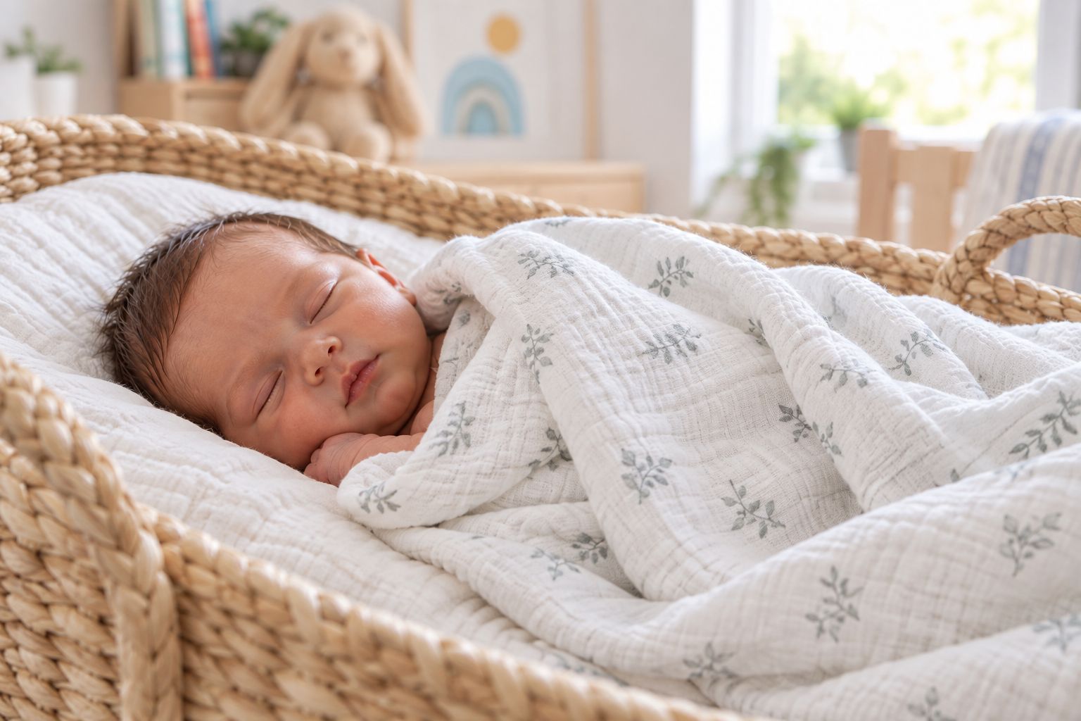 Newborn wrapped in a muslin blanket inside a wicker moses basket