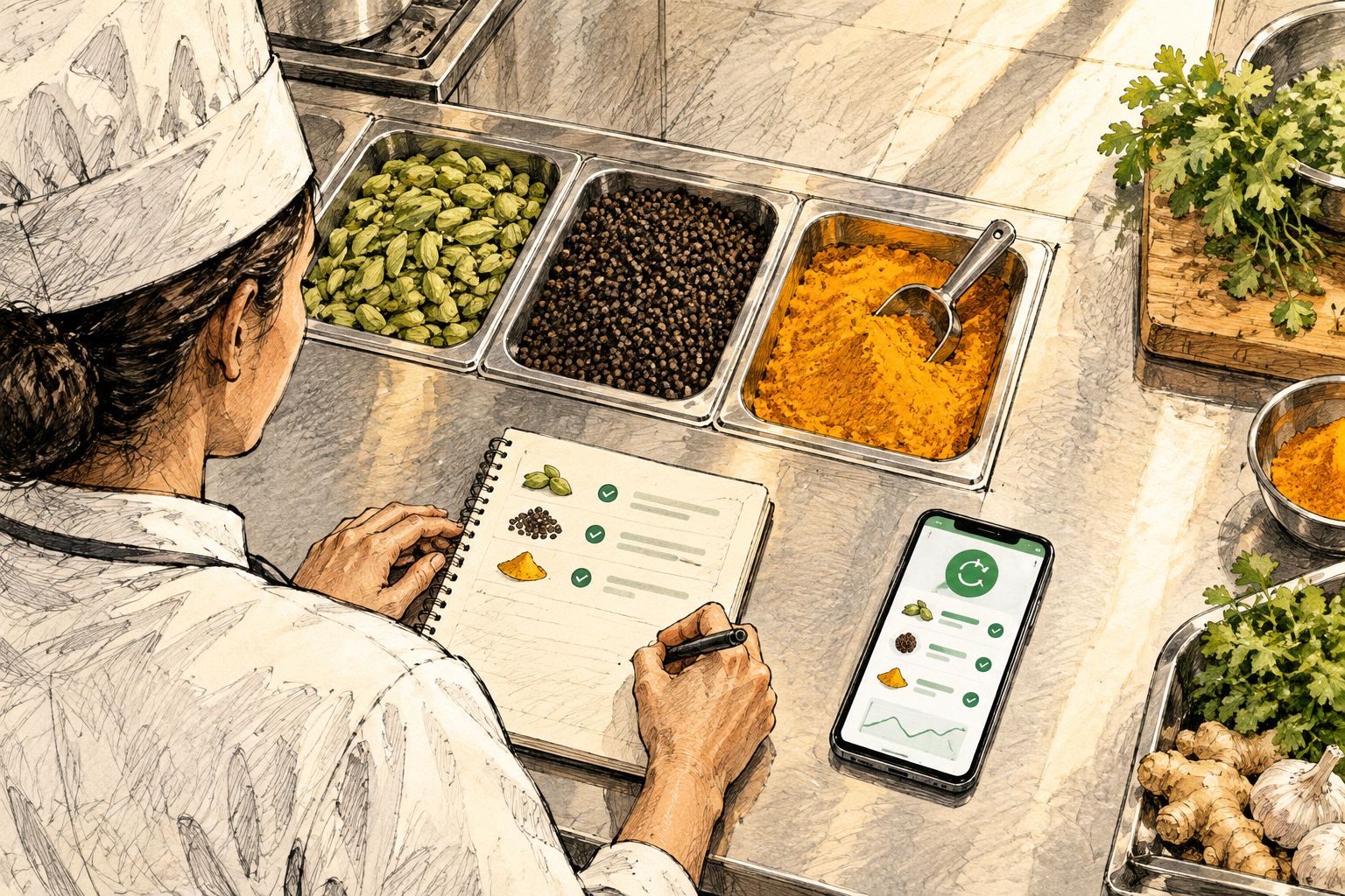Commercial kitchen counter with bins of cardamom, pepper and turmeric being sorted for a bulk order