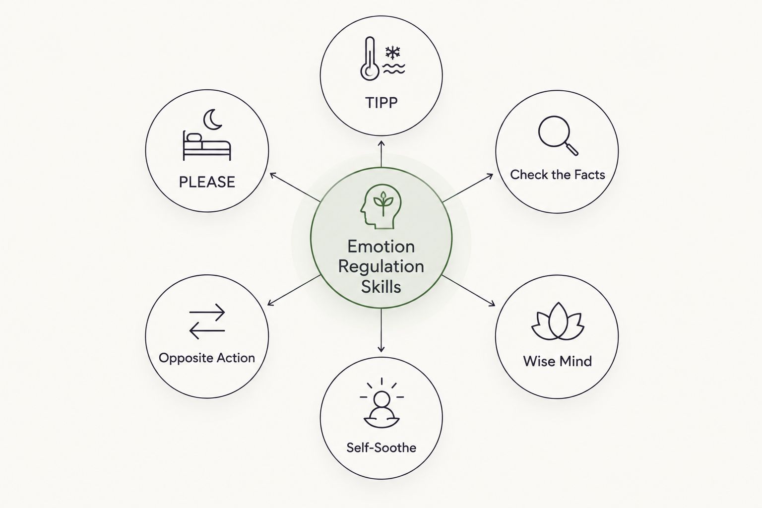 Diagram showing six DBT emotion regulation skills orbiting a central hub