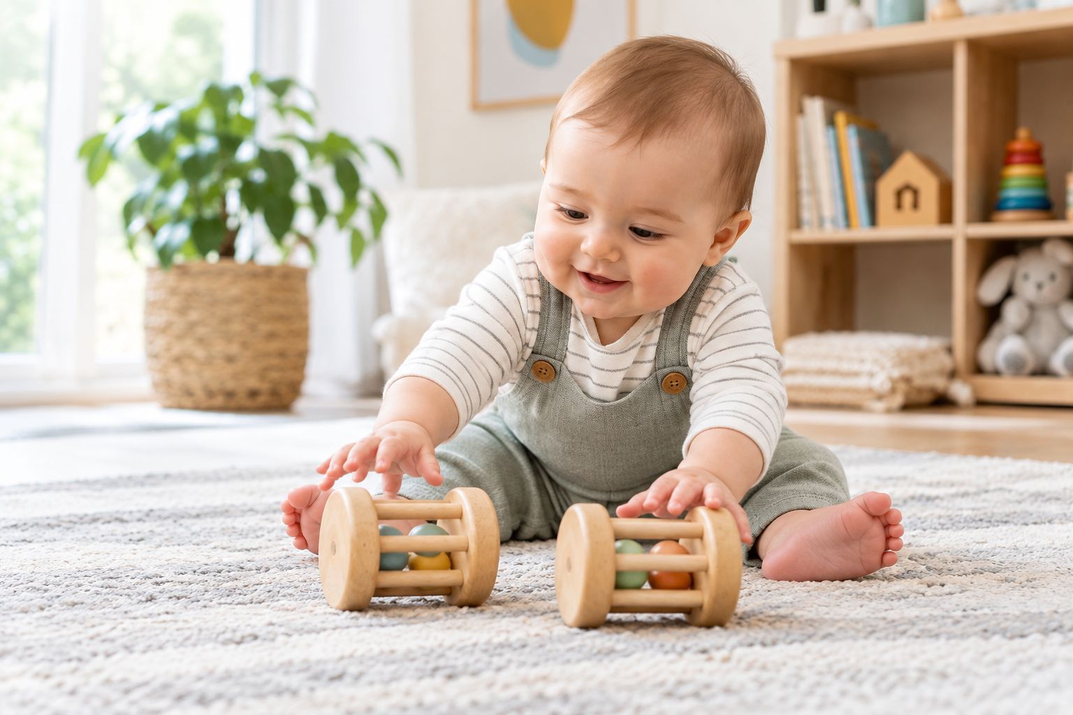 Baby sitting unsupported on a rug reaching for two wooden grasping toys