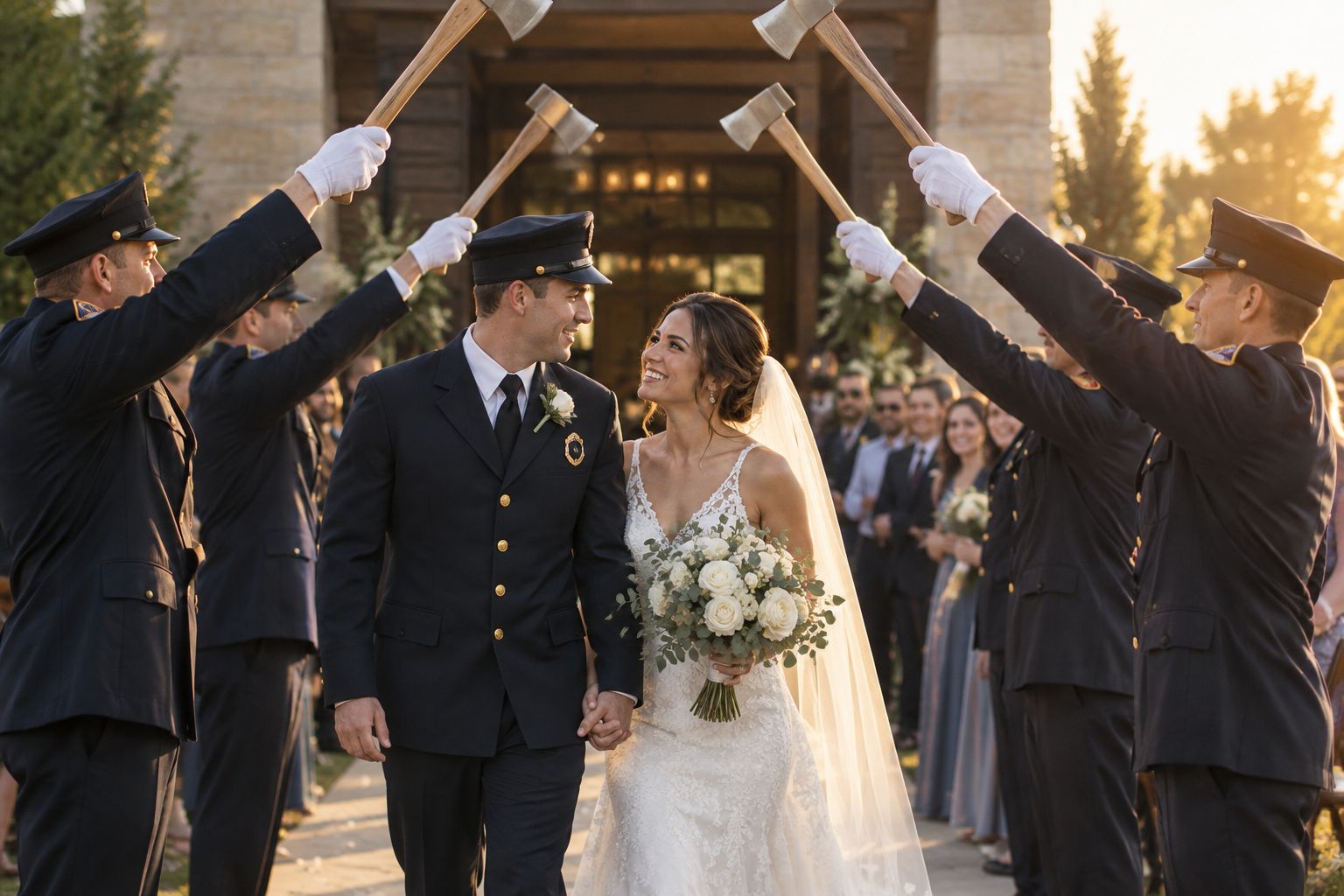 Honor guard forming a ceremonial arch for a first responder wedding