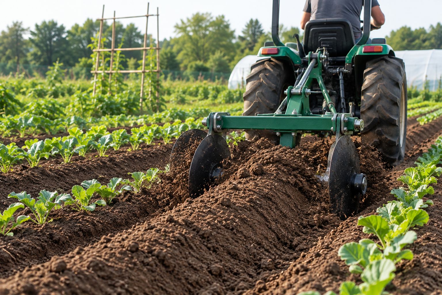 Compact tractor forming a raised bed with a single disc ridger