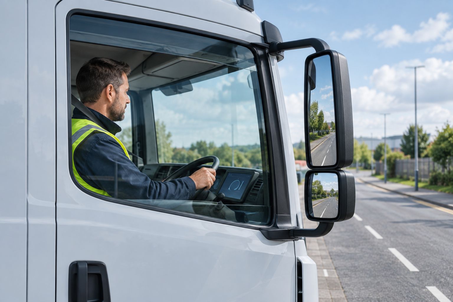 HGV cab with large glazed windows showing improved direct vision for the driver