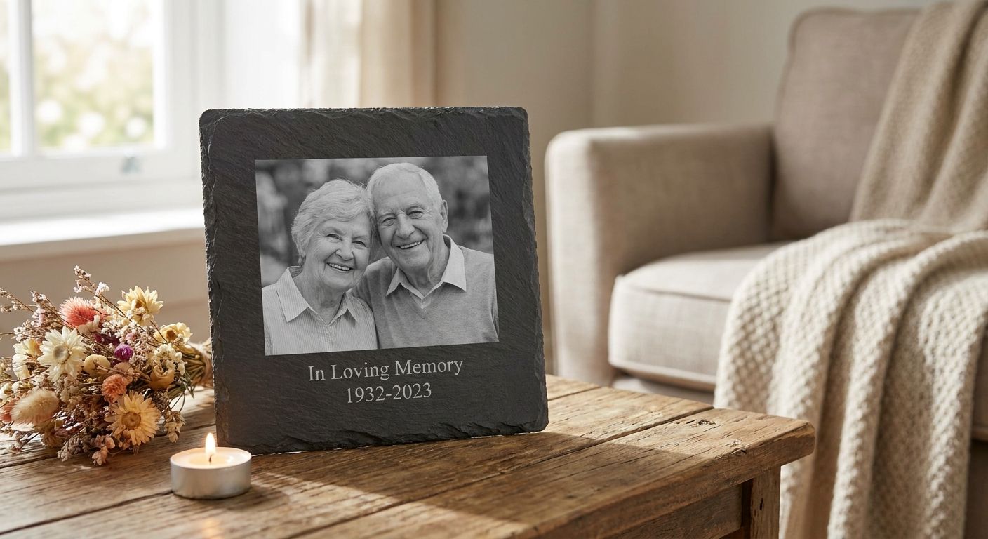 Personalized slate photo keepsakes for memorials