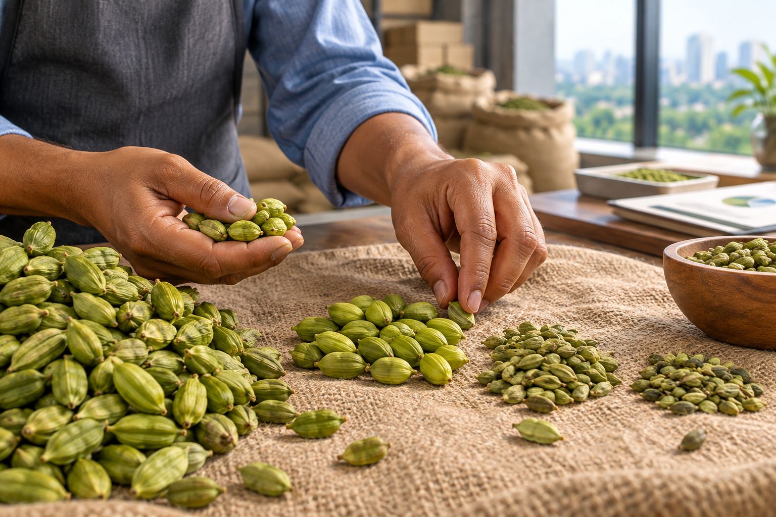 Hands grading green cardamom pods by size on a burlap sack
