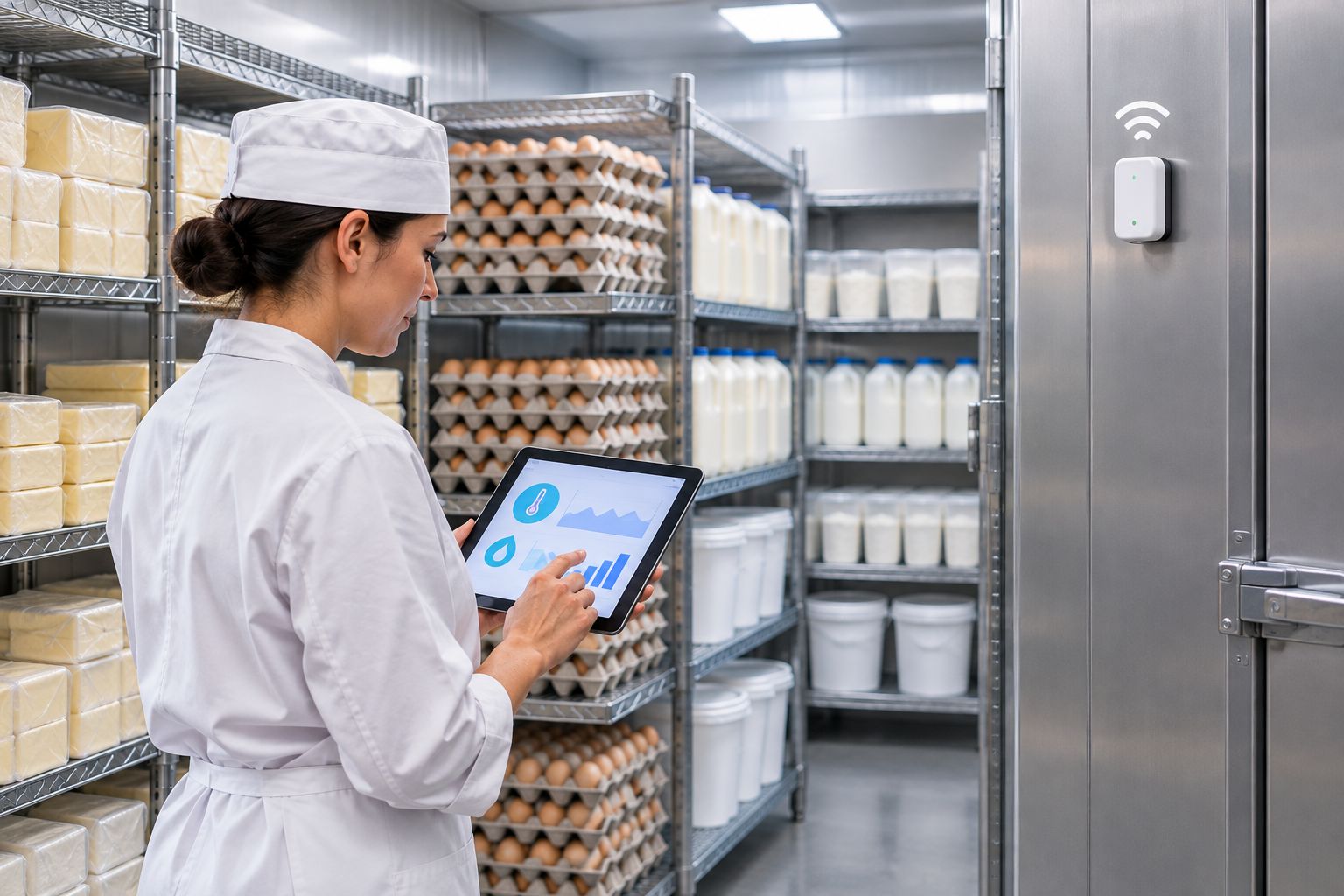 Wireless temperature sensor mounted inside a bakery walk-in cooler