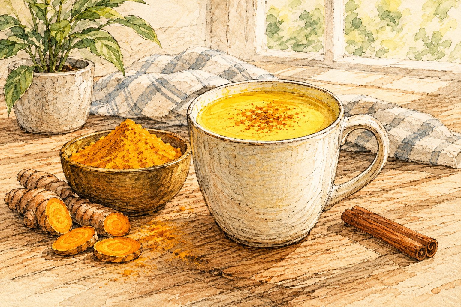 Cup of golden milk beside a bowl of pure turmeric powder
