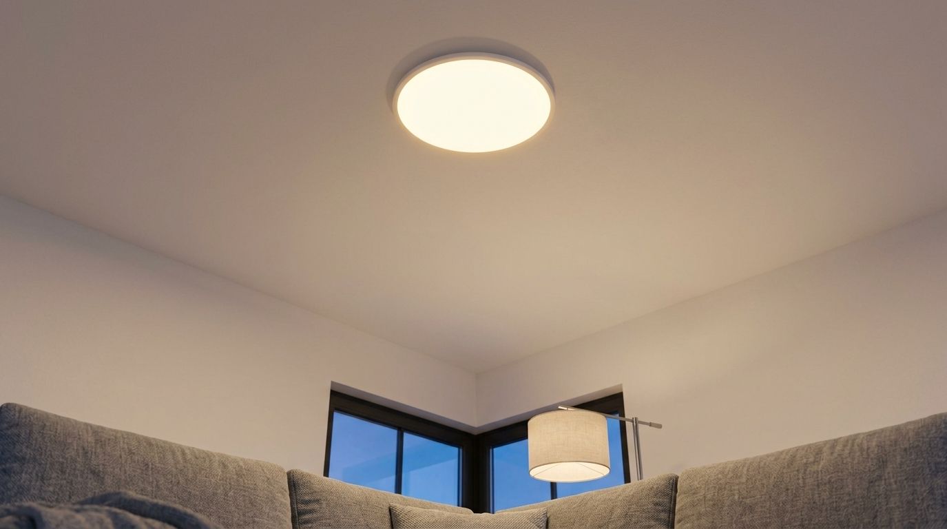 Flush mount LED ceiling light glowing in a living room