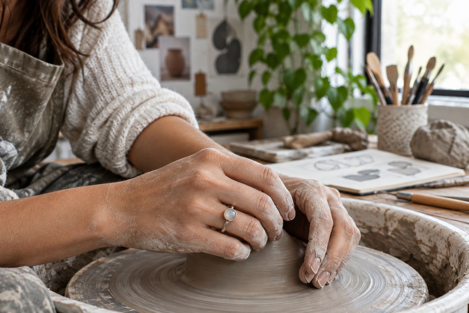 Sculptor's hands wearing a bezel-set asymmetric ring at a pottery wheel