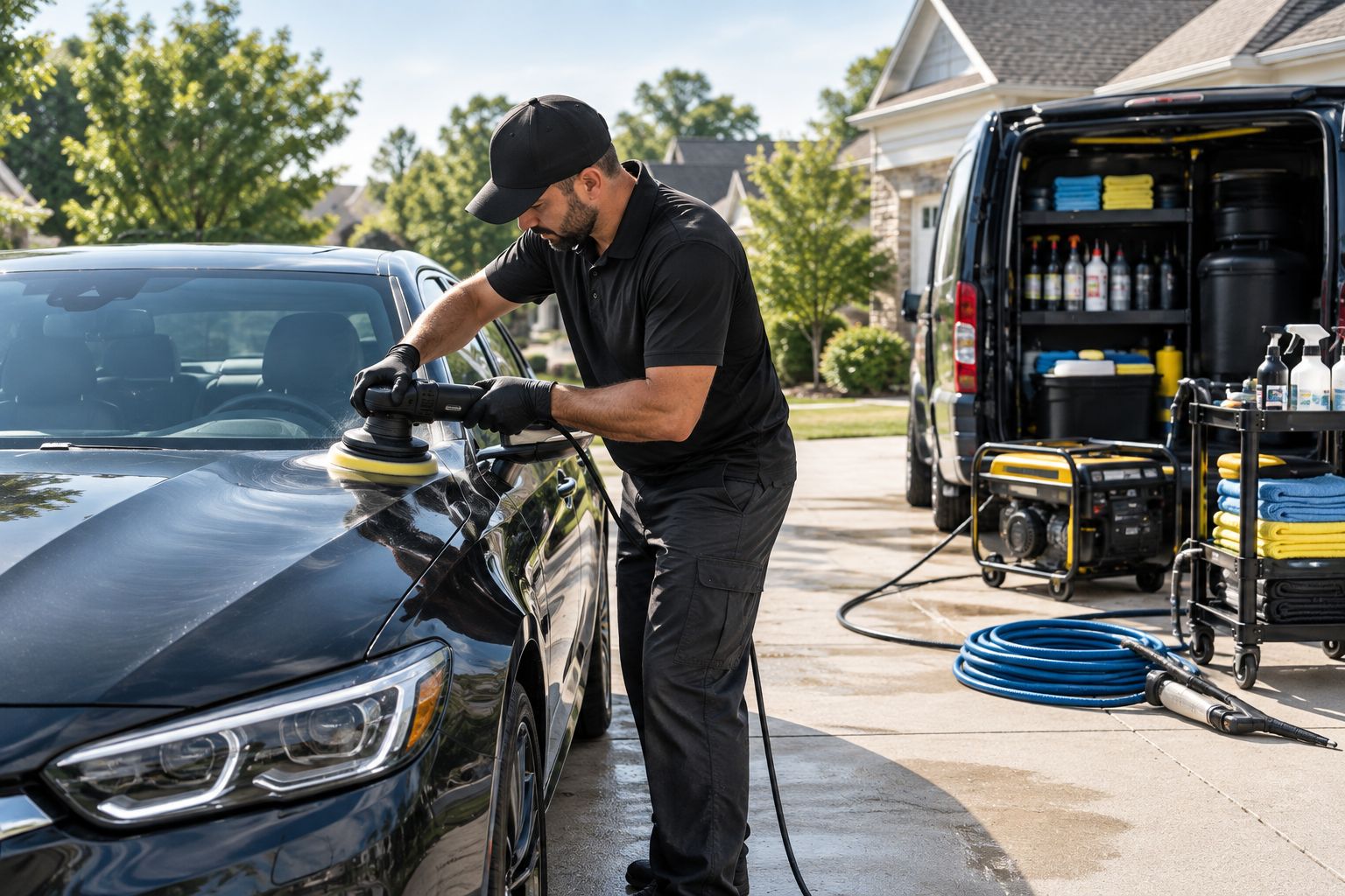 Mobile detailing technician polishing a car hood in a driveway