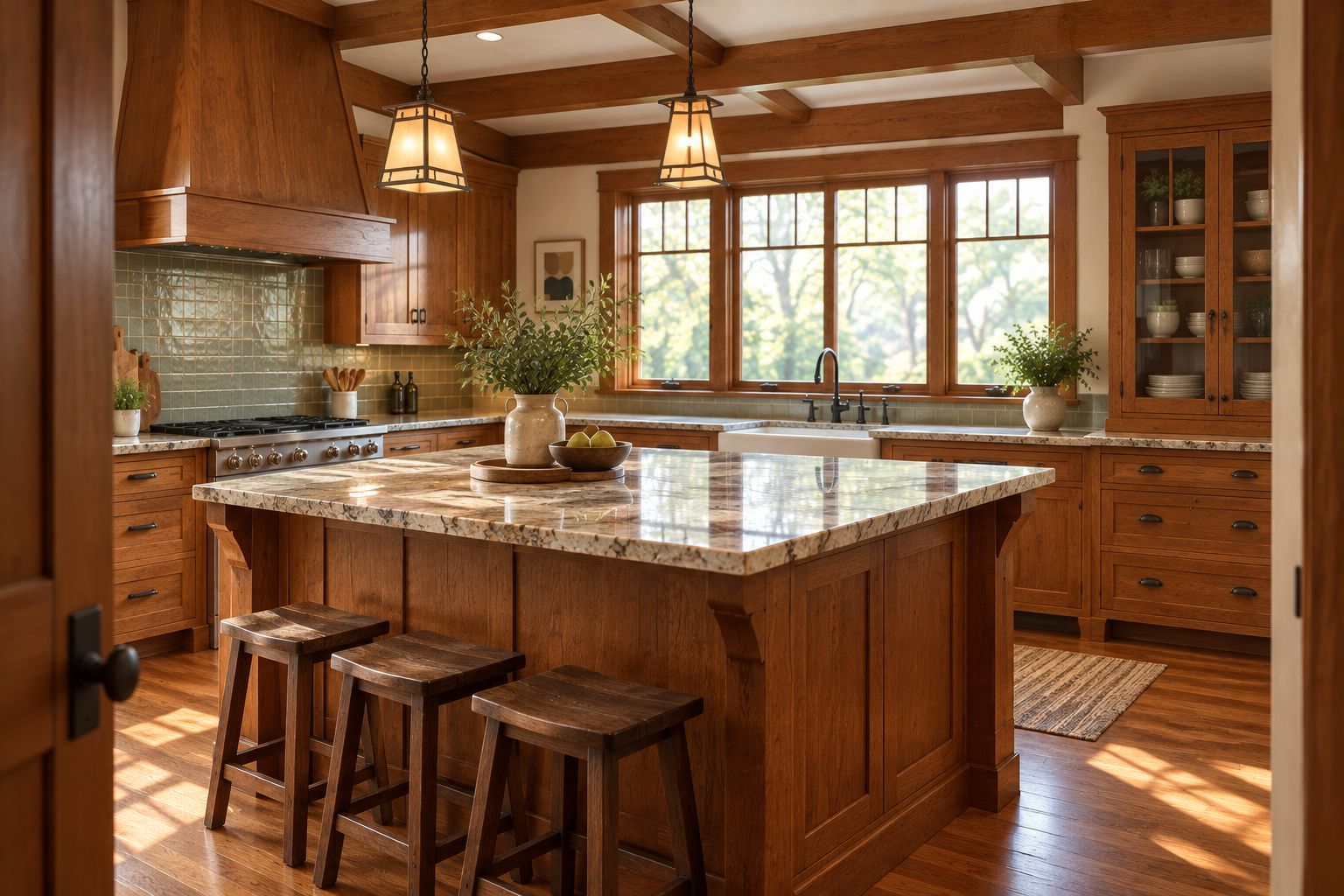 Craftsman bungalow kitchen with warm stone countertop and wood cabinetry