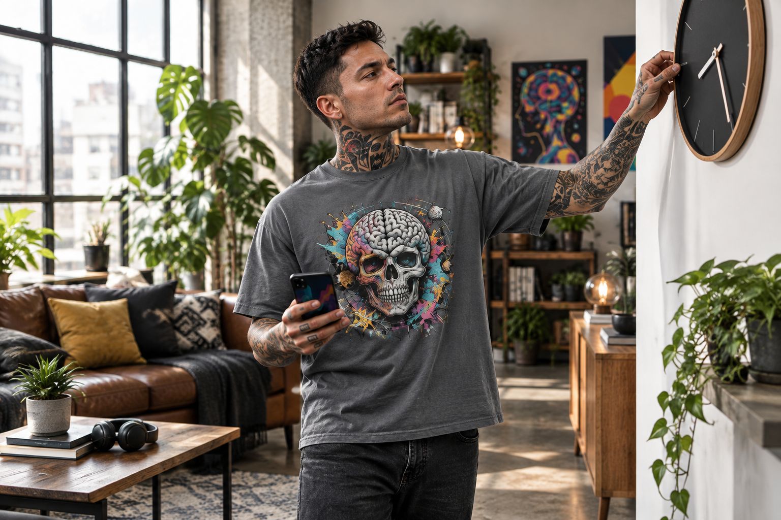 Person wearing the Out of Sync ADHD tee adjusting a mismatched wall clock
