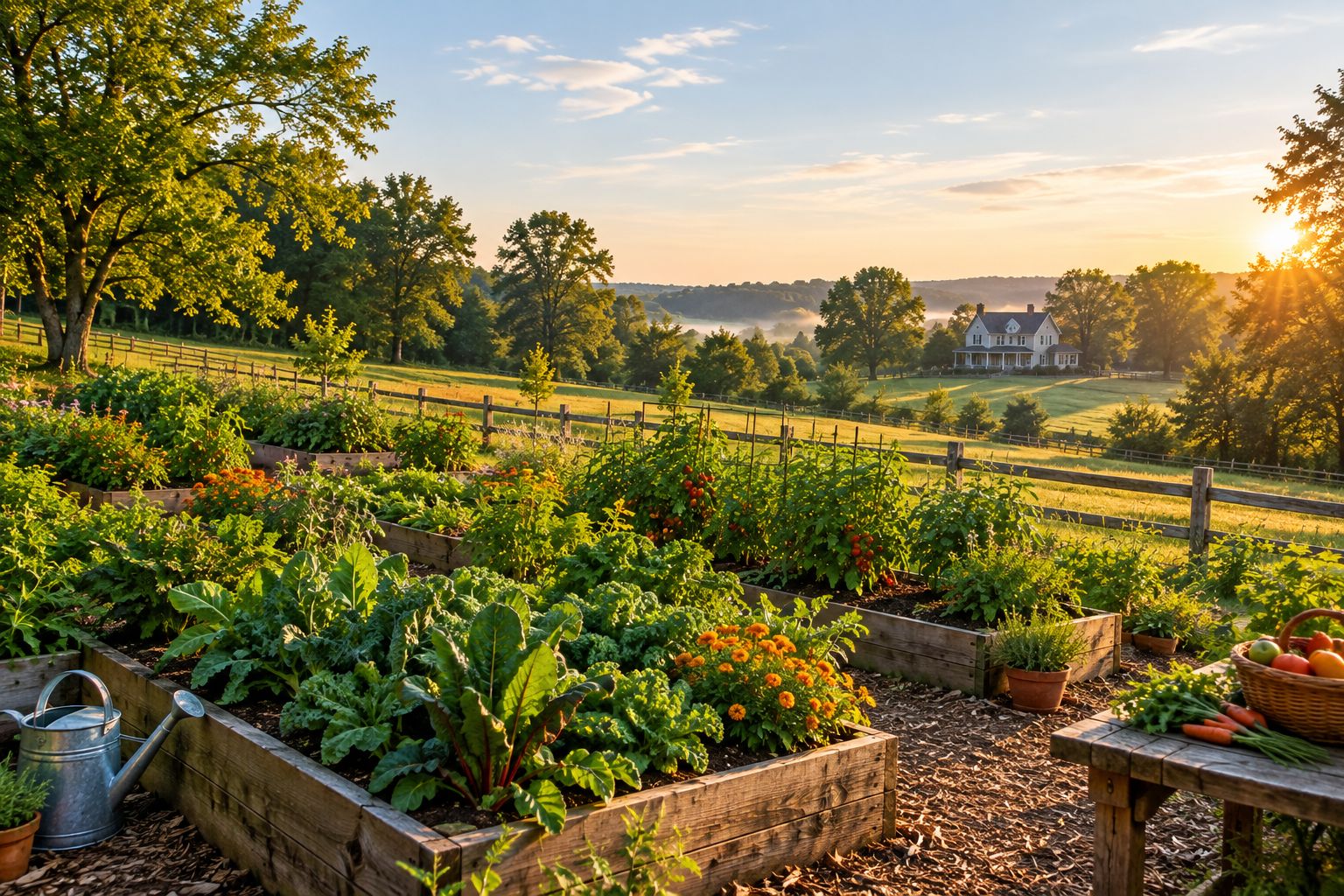 Raised garden beds on a sunlit rural acreage property
