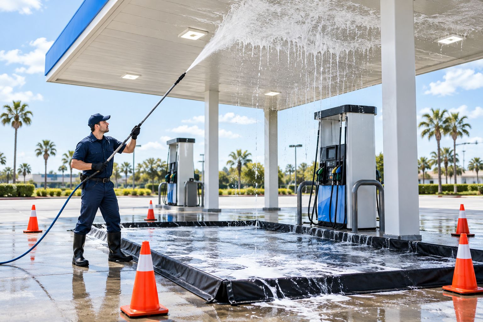Technician soft-washing a gas station canopy with runoff containment in place