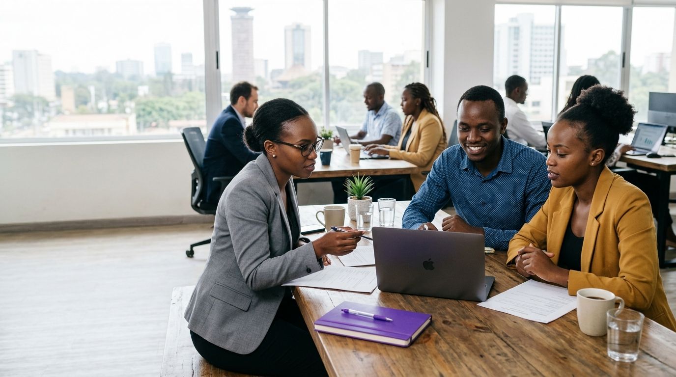 Kenyan founders reviewing company registration documents with an advocate
