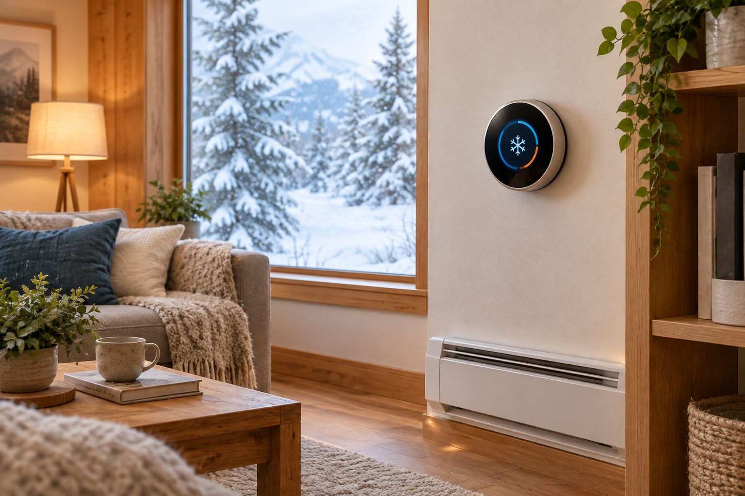 Smart thermostat mounted above an electric baseboard heater with snow outside the window