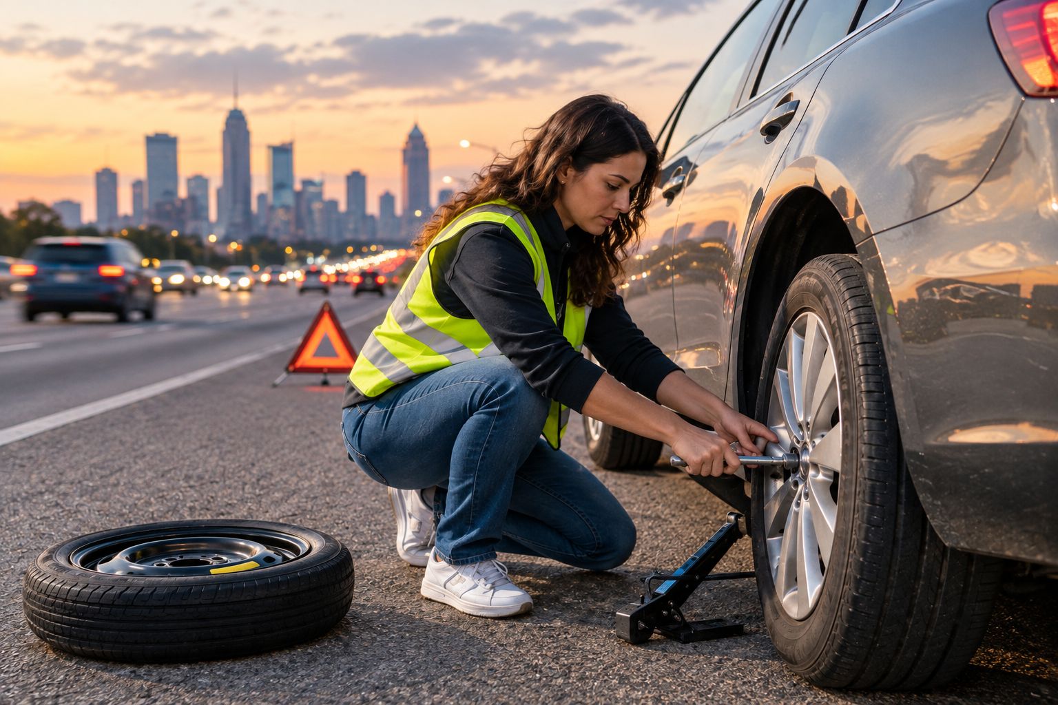 Driver changing a flat tire alone on a highway shoulder at dusk