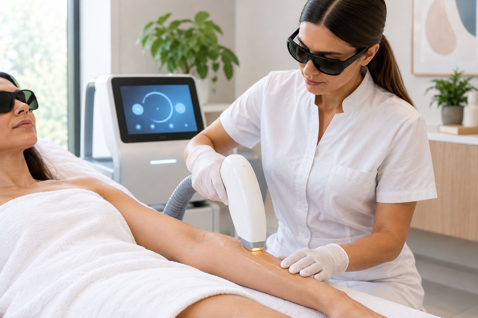 Diode laser handpiece treating a client's arm in a medspa treatment room