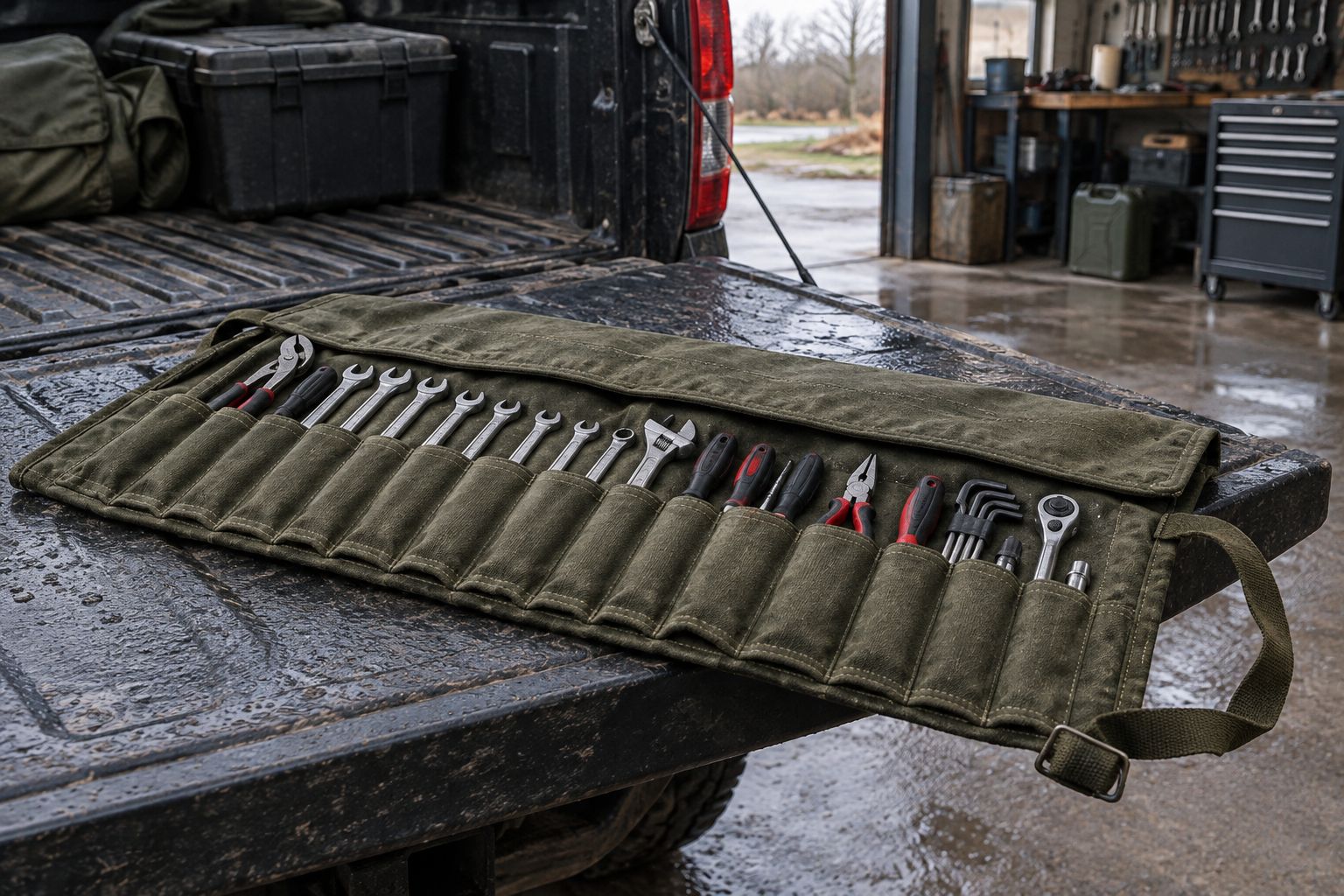 Canvas poncho roll unrolled flat on a tailgate with tools laid out