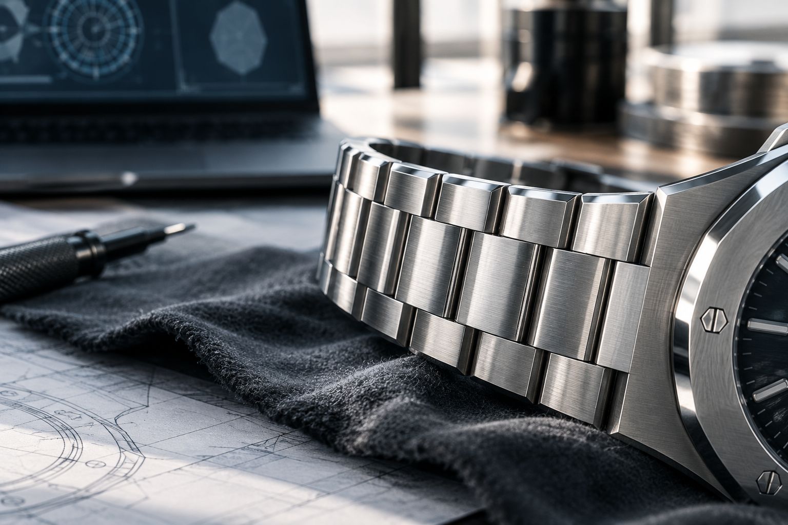 Close-up of an integrated steel watch bracelet and hexagonal bezel screws