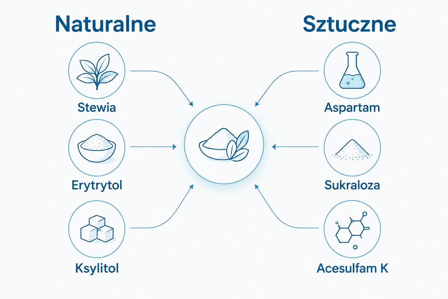 Diagram porównujący naturalne i sztuczne słodziki używane w odżywkach białkowych