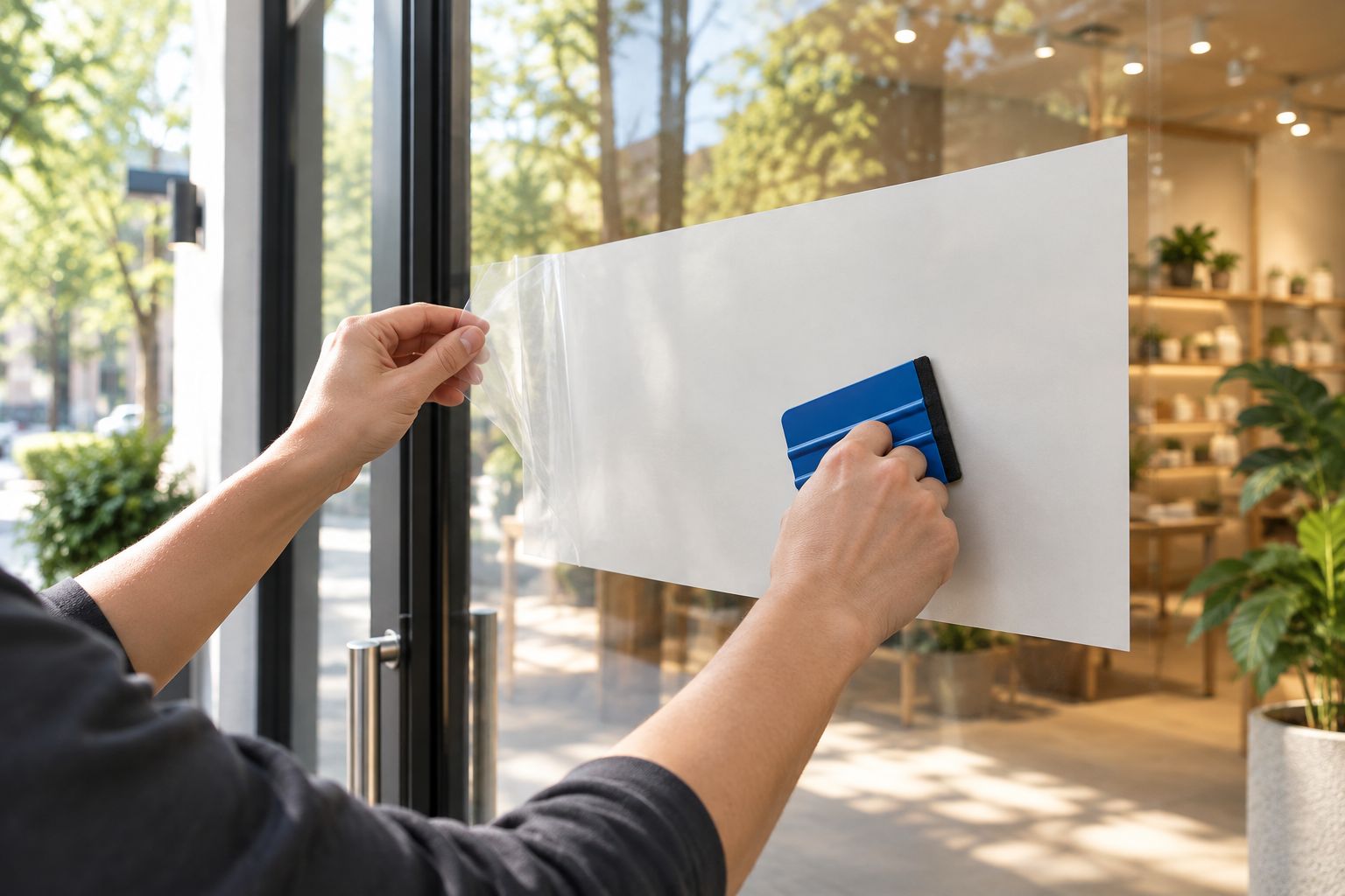 Hands applying a vinyl decal to a glass storefront door with a squeegee