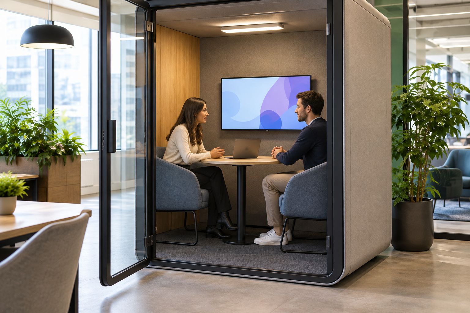 Furnished interior of an acoustic meeting pod set up for an interview