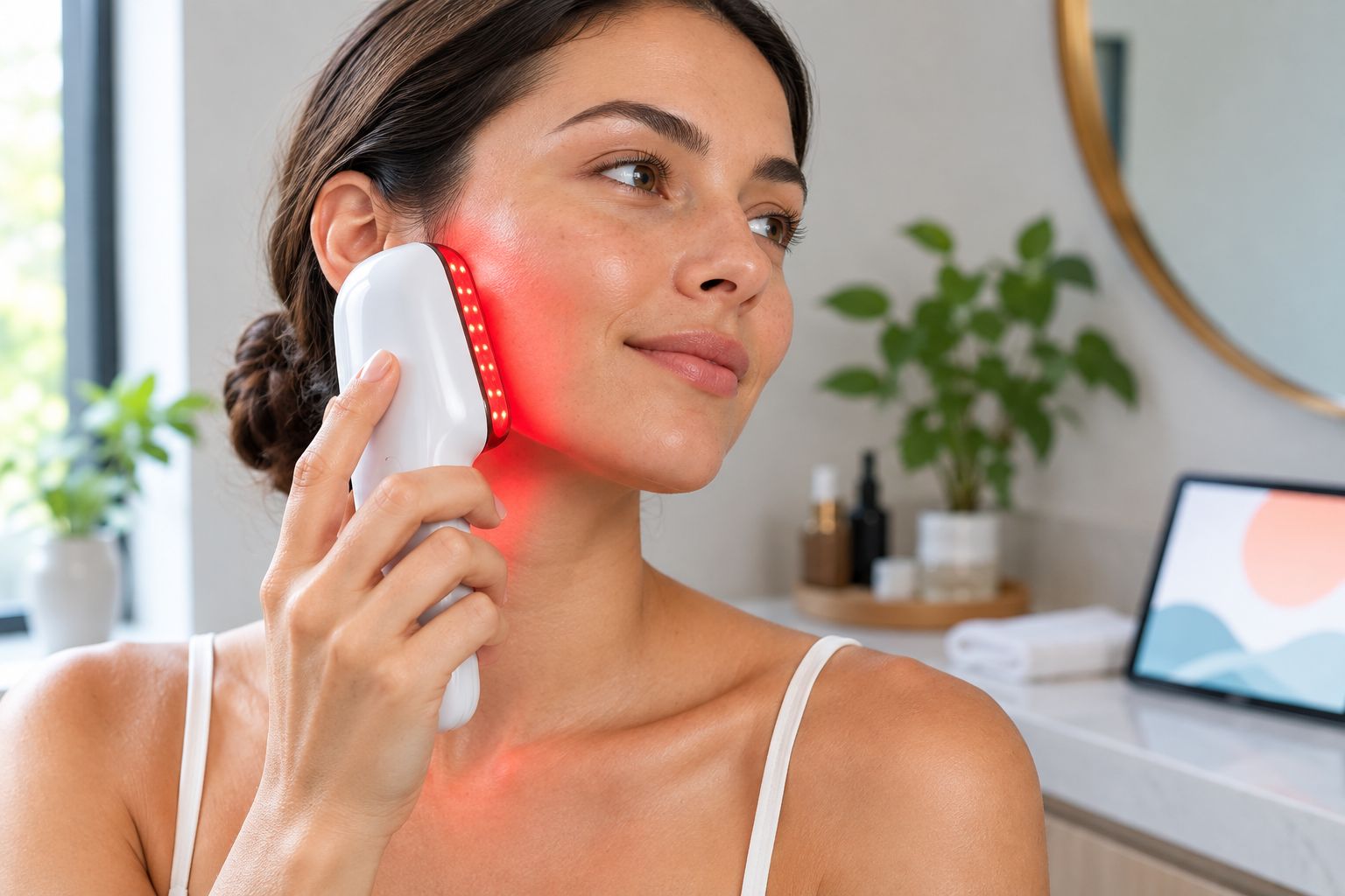 Handheld red light therapy wand gliding across a cheek