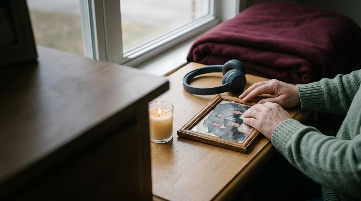 Hands beside a family photograph, candle, and headphones
