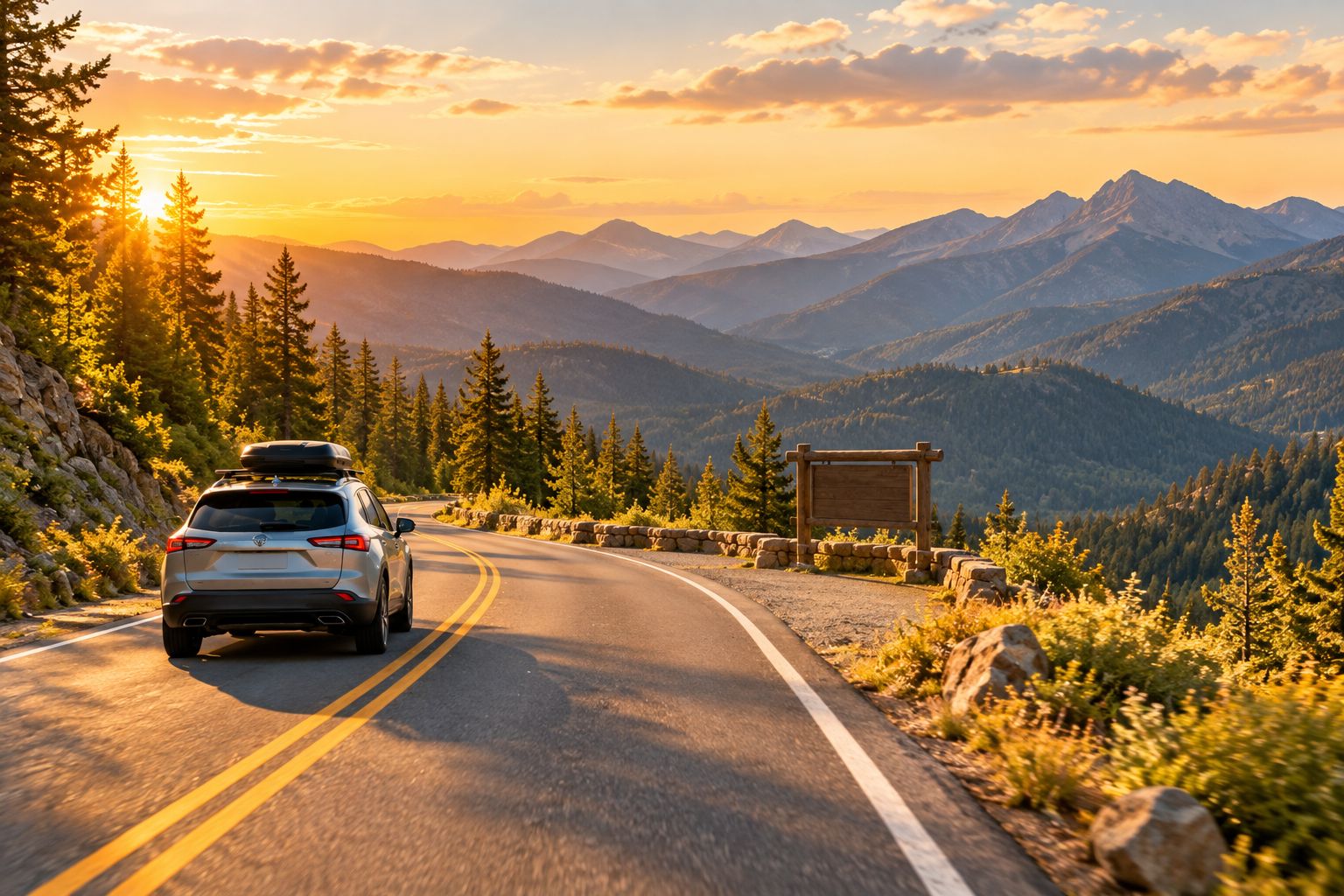 Car driving a winding mountain scenic byway at sunset