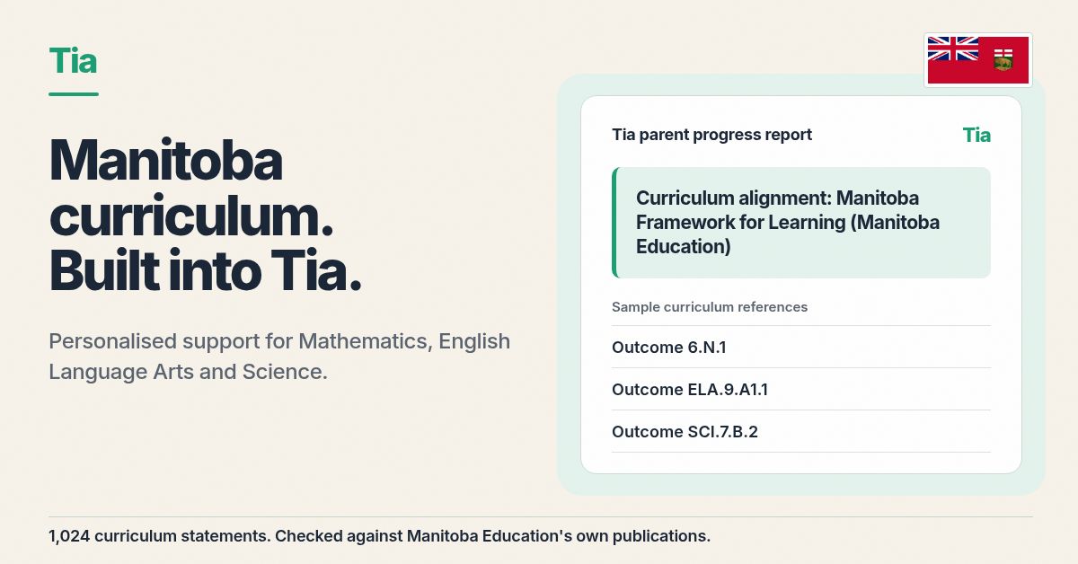 Tia Manitoba curriculum progress report showing Manitoba outcome codes and the provincial flag