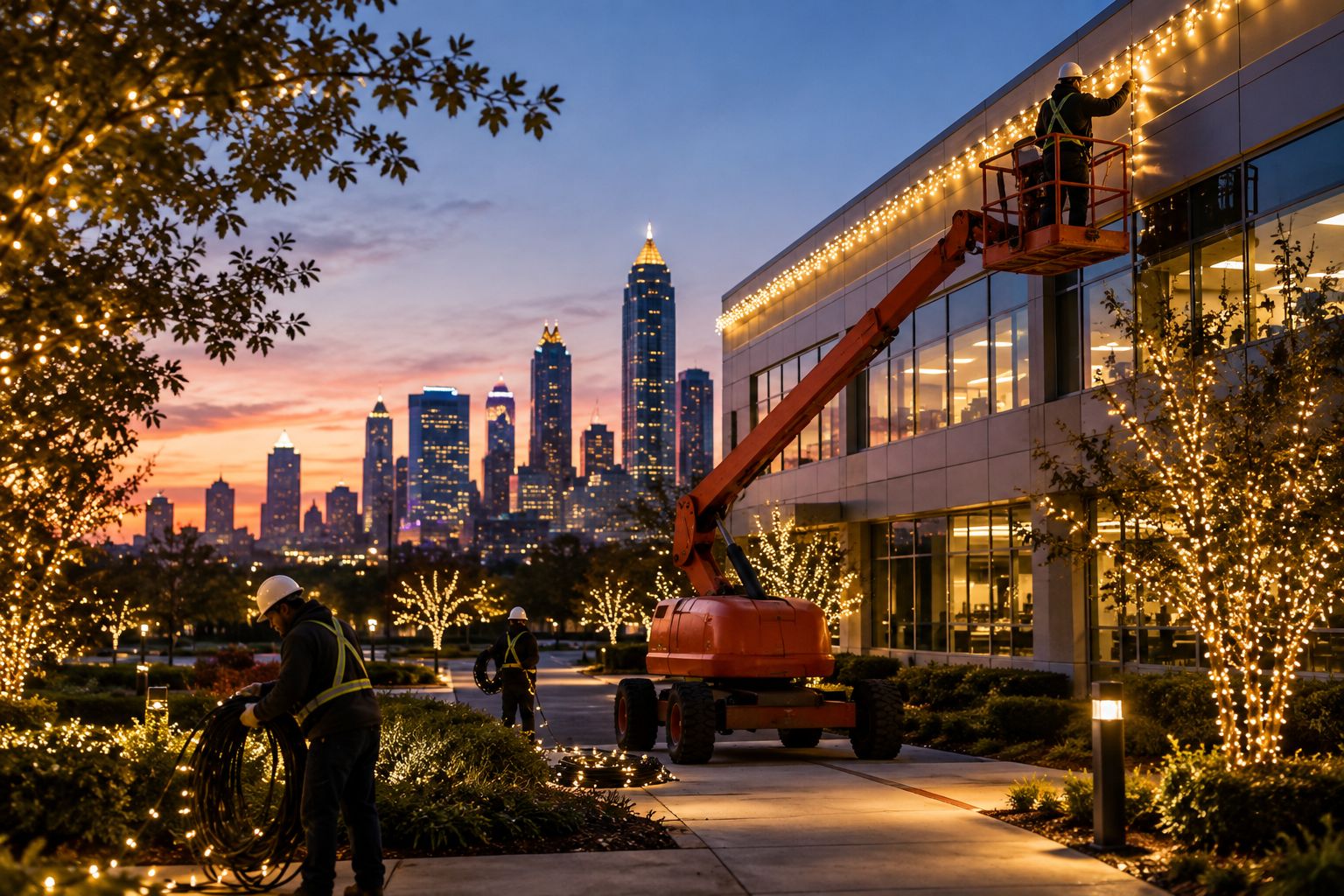 Crew using a boom lift to install commercial LED lights on an office building facade