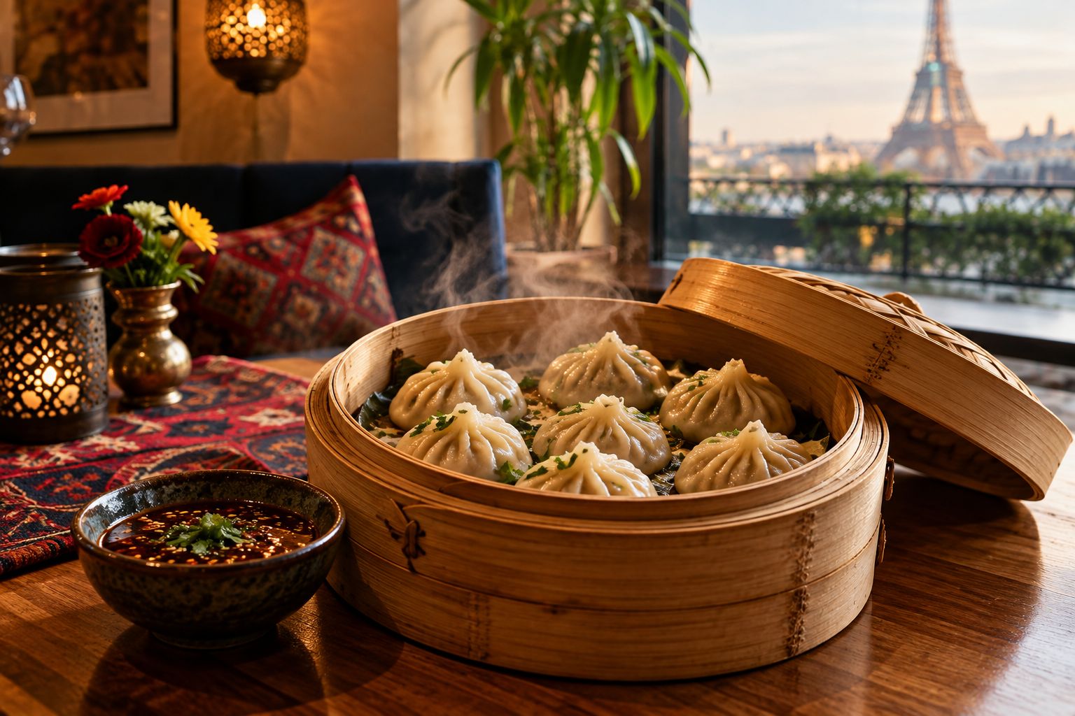 Steamed dumplings in a bamboo basket with dipping sauce