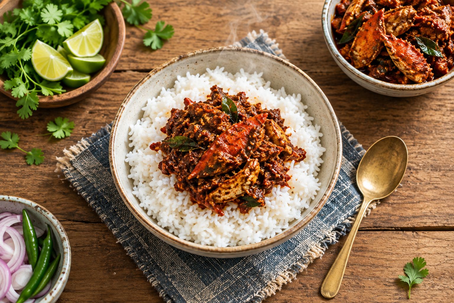 Bowl of hot rice topped with a spoonful of crab pickle