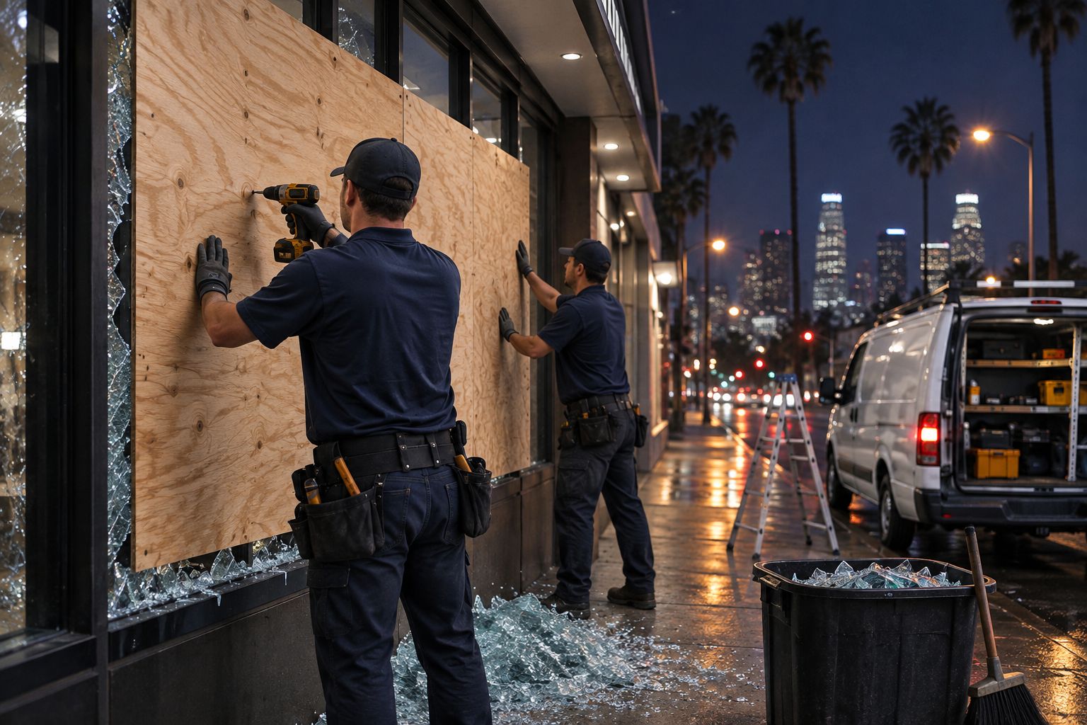Crew boarding a broken storefront window at night in Los Angeles