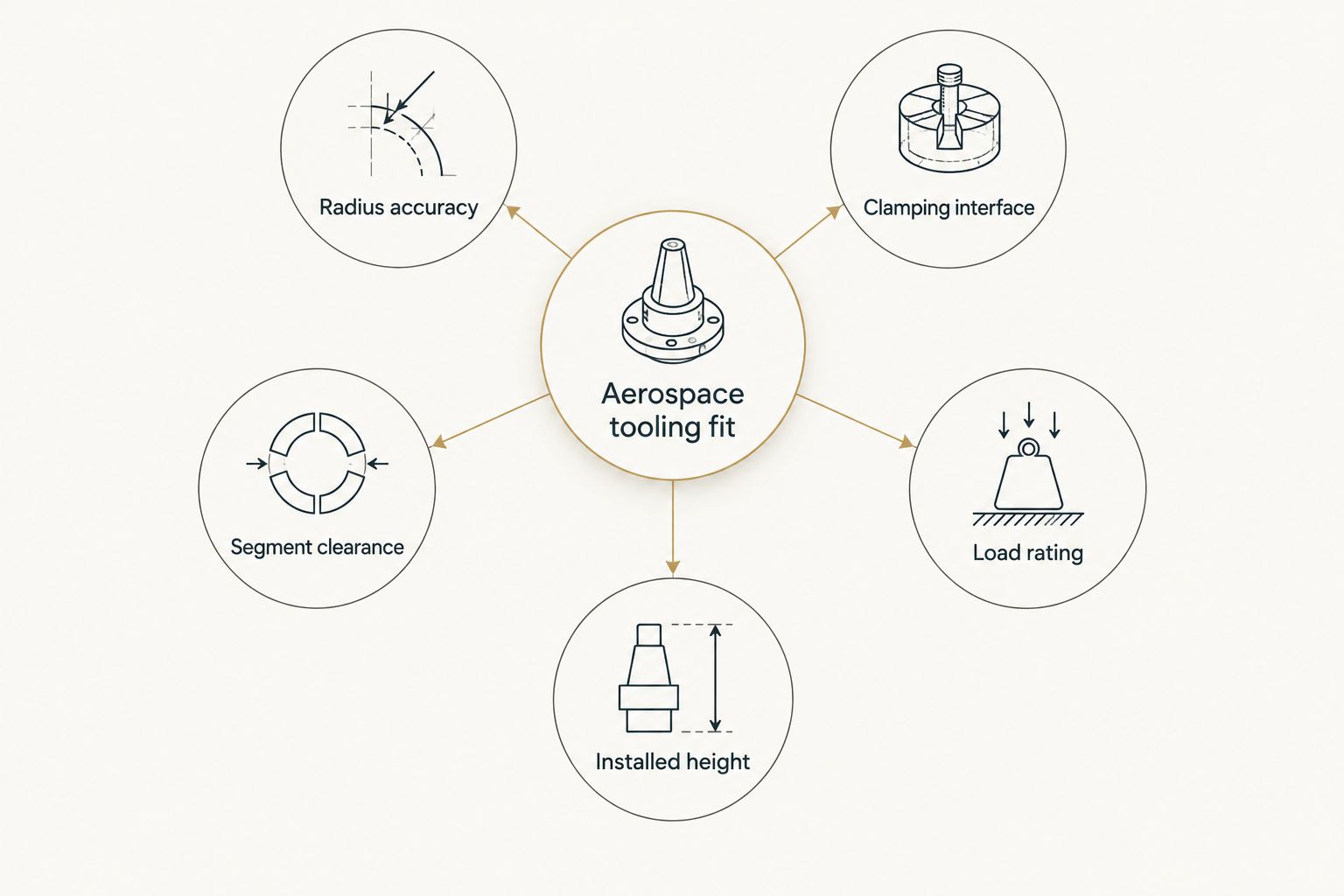 Hub and spoke diagram of press brake tooling selection criteria for aerospace parts