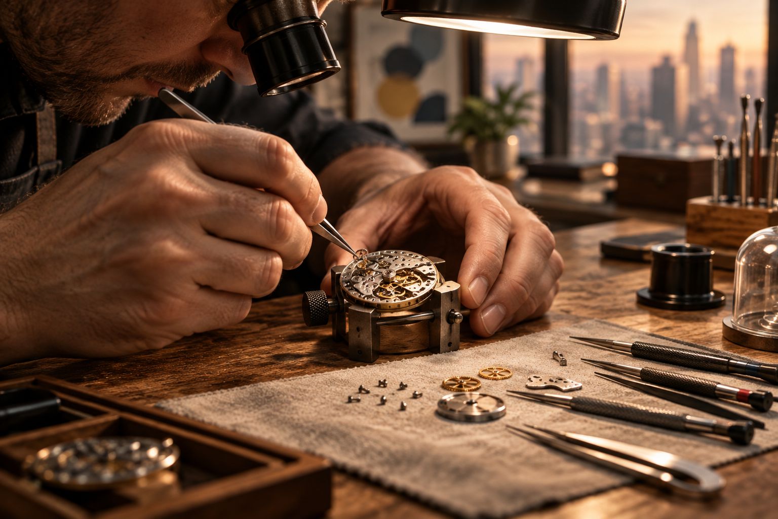Watchmaker hand-finishing a small movement under a bench lamp