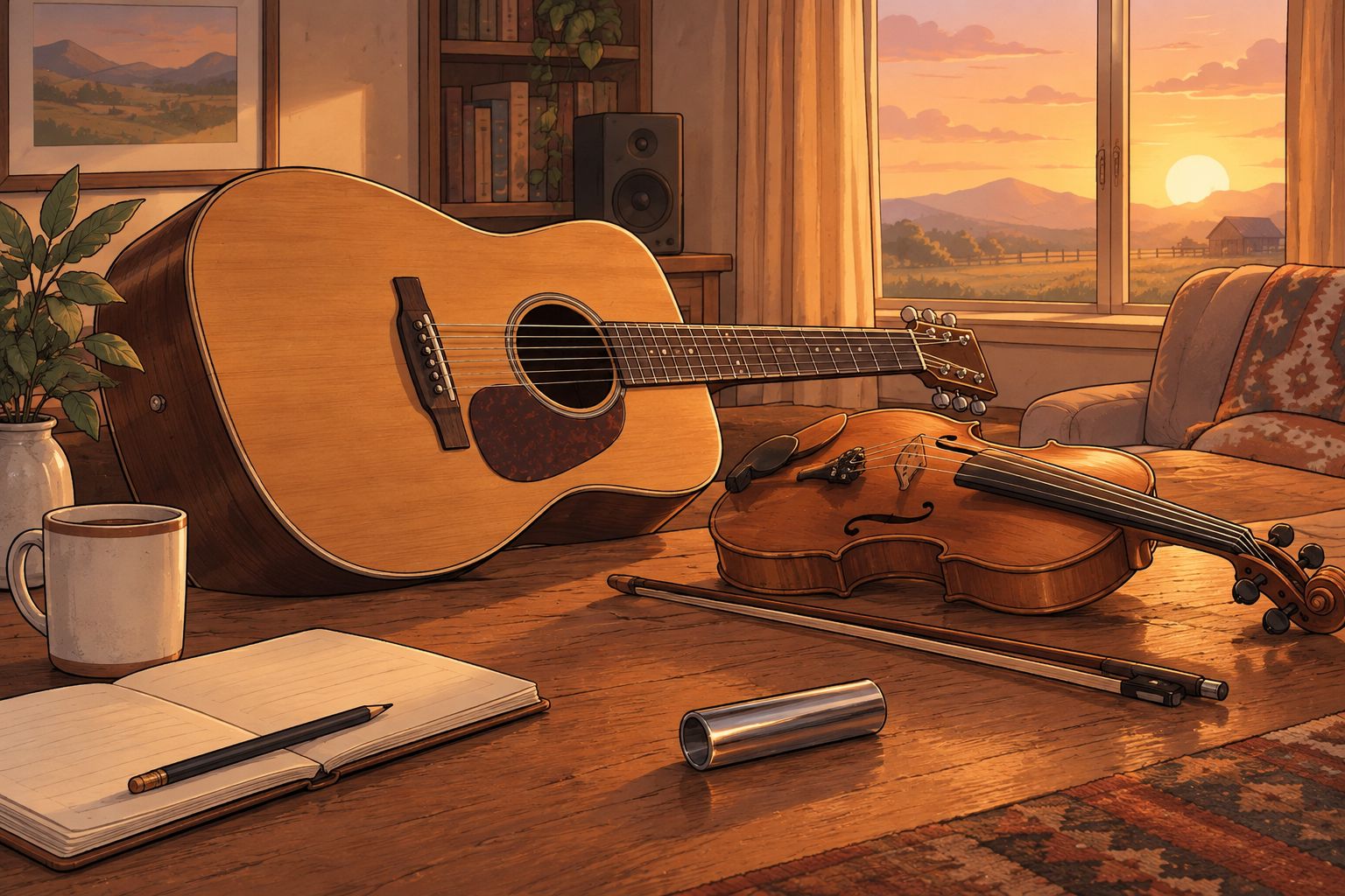 Acoustic guitar, fiddle, and steel guitar arranged in a home studio