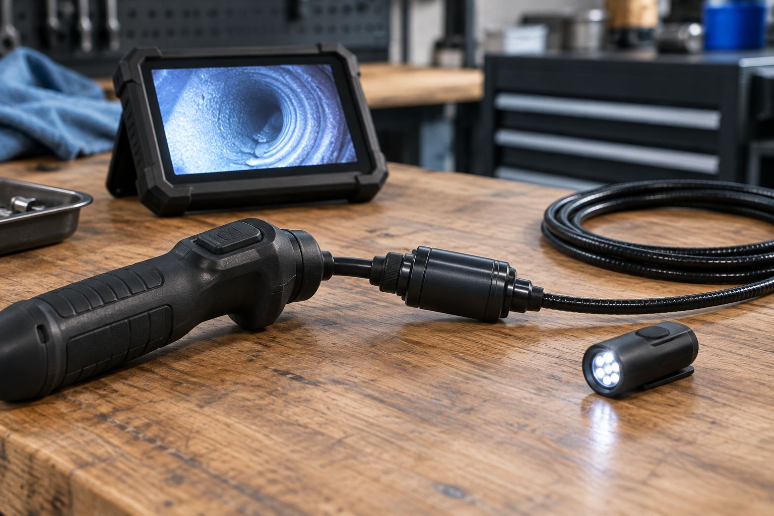 Workbench view of a borescope handle, video coupler attachment, and LED light module