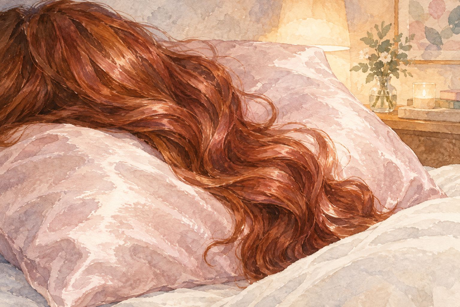 Colored hair resting on a smooth silk pillowcase at night