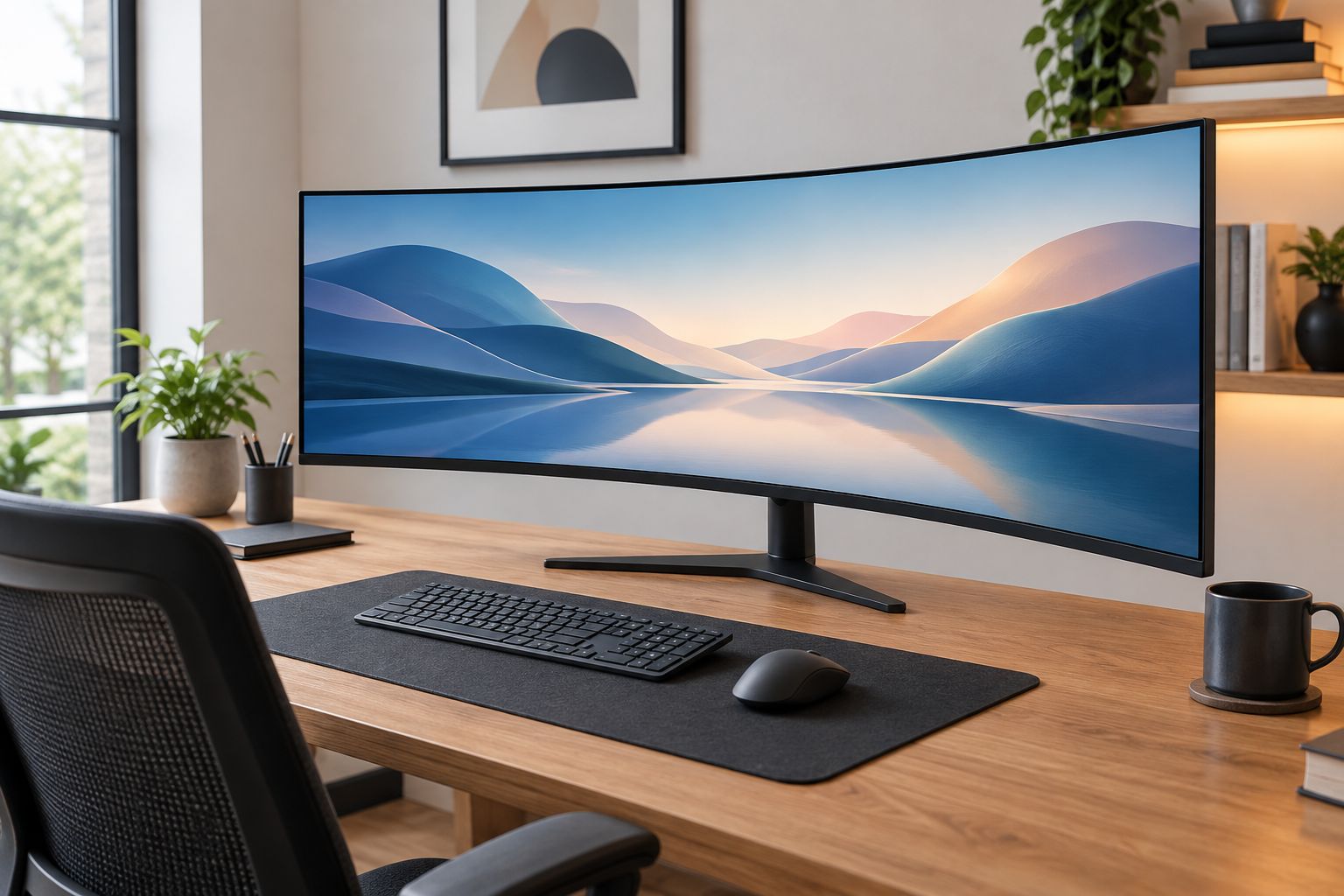 Curved 49-inch super ultrawide monitor on a deep desk setup