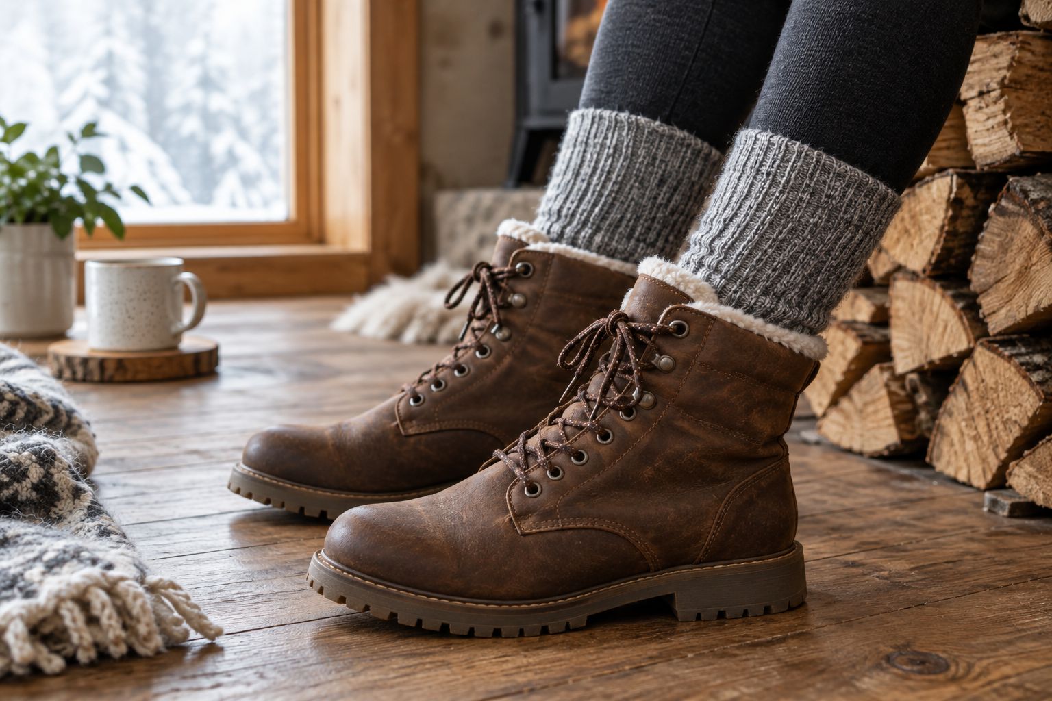 Thick wool socks worn inside leather winter boots near firewood